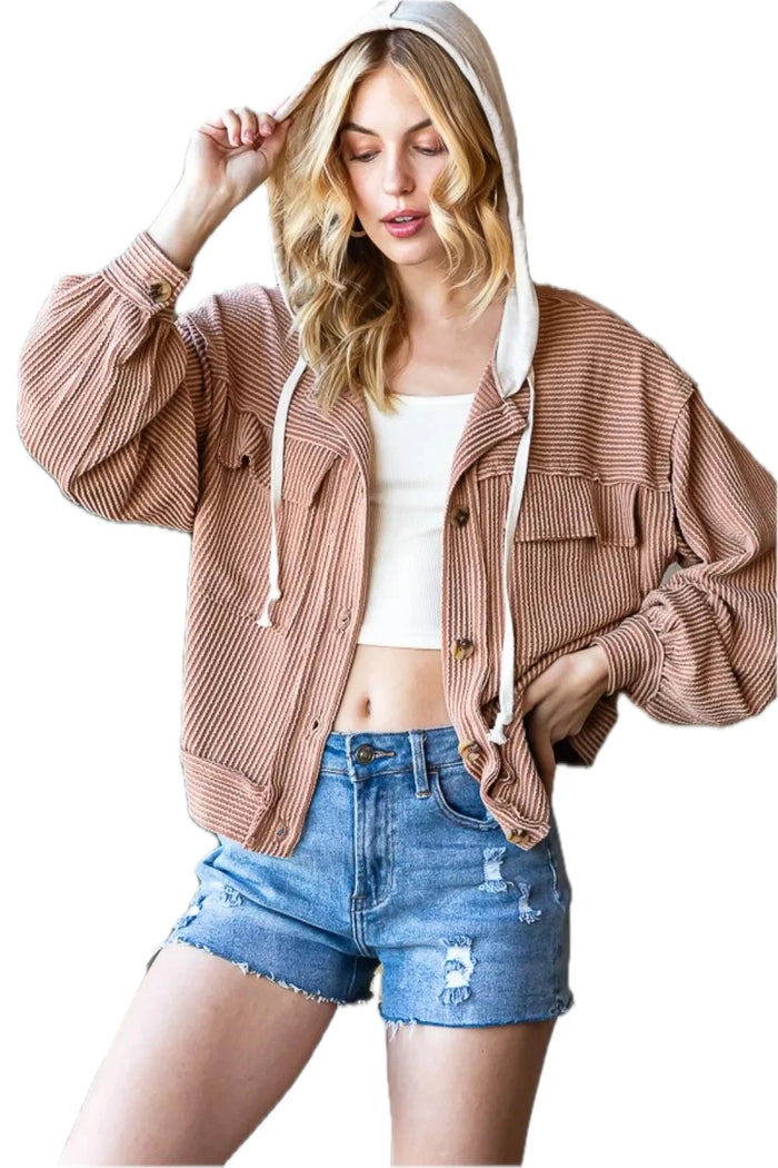 Reborn J Button Up Drawstring Striped Hooded Jacket for Women