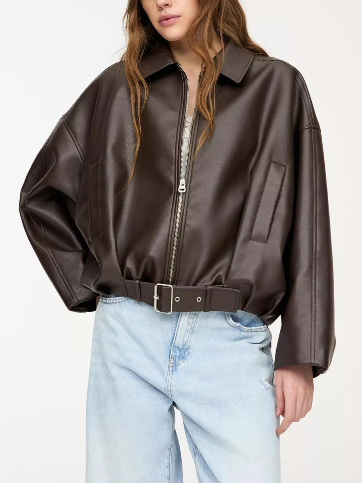 Belted Faux Leather Zip Up Jacket