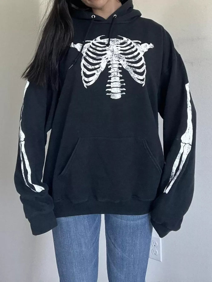 Drawstring Skeleton Long Sleeve Hoodie for Women