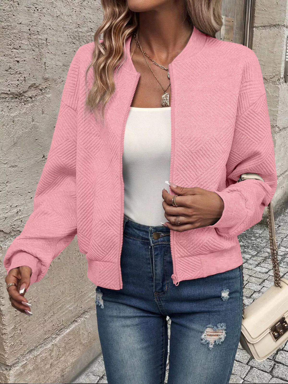 Textured Knit Zip Up Jacket