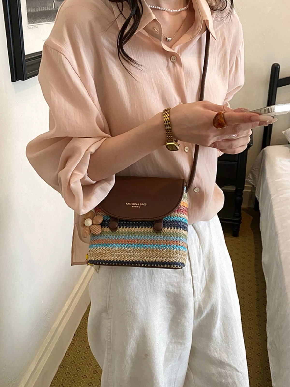 PU Leather Striped Woven Crossbody Bag