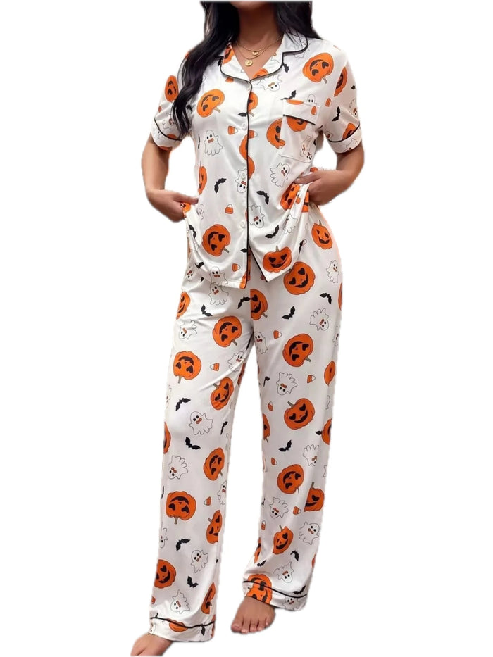 Halloween Pumpkin Print Button-Down Top and Pants Set for Women