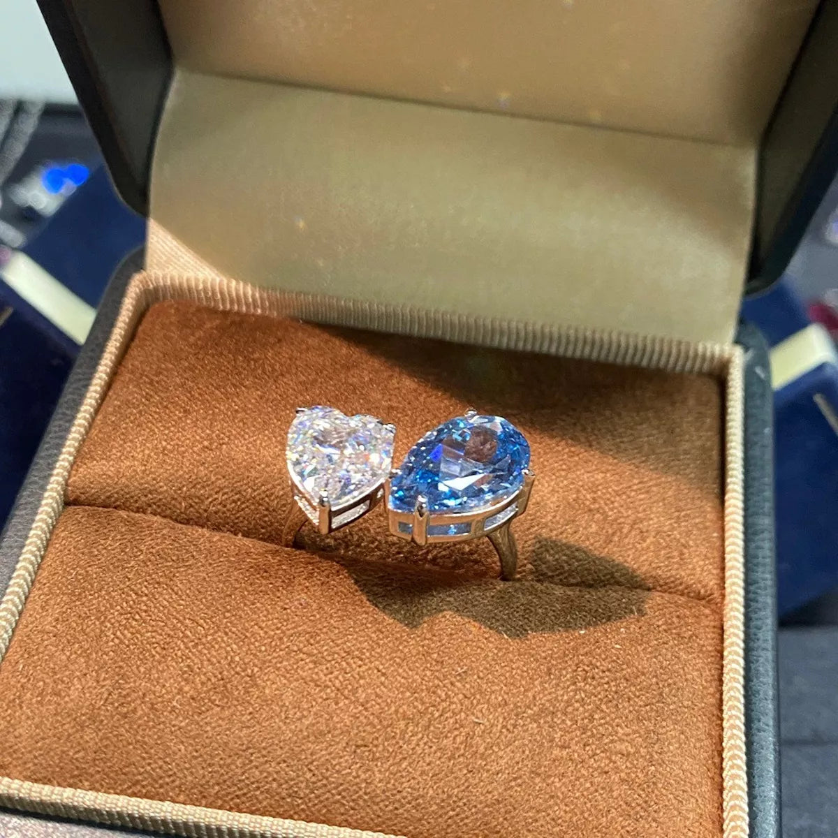Heart and Teardrop Shaped Dual-Stone Open Ring for Women