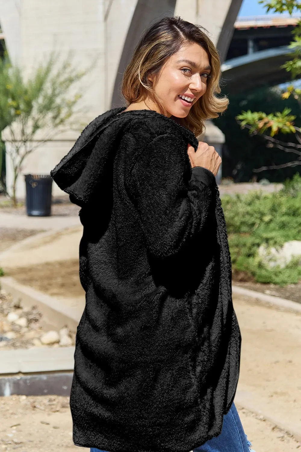 Double Take Women's Full Size Hooded Teddy Bear Jacket with Thumbholes