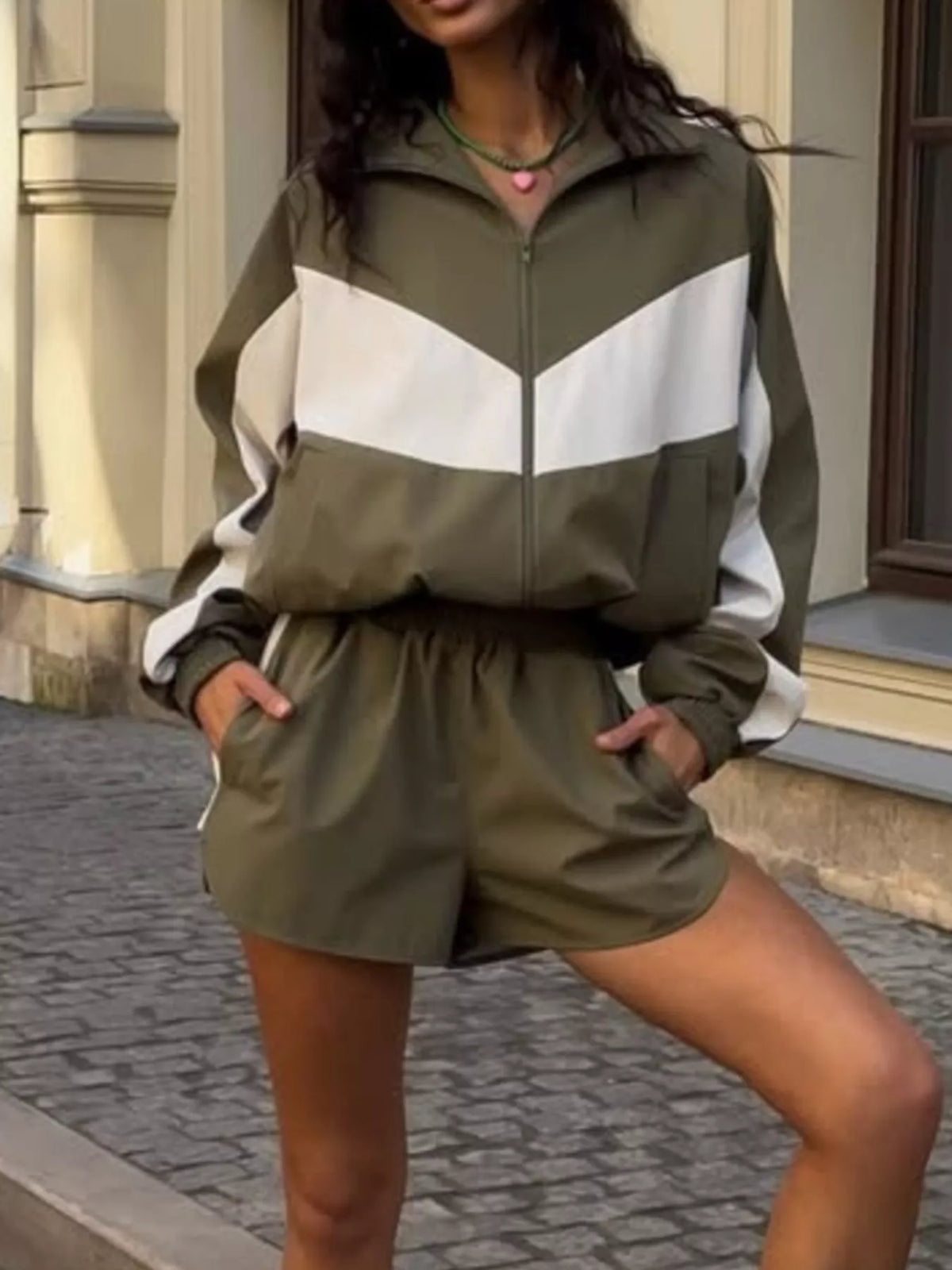 Color Block Zip Up Jacket and Shorts Set