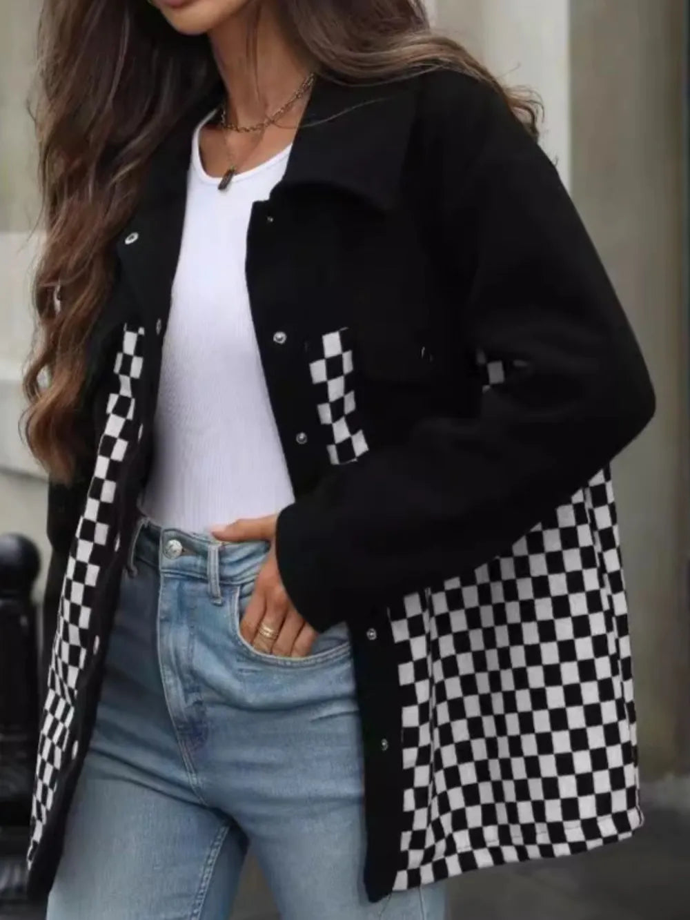 Checkered Snap Down Long Sleeve Jacket for Women in Black