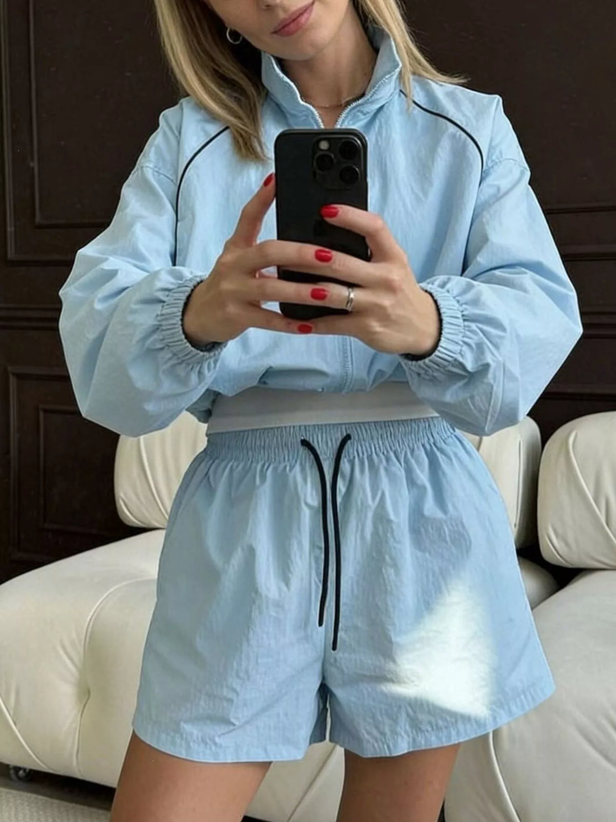 Zip-Up Jacket and Shorts Two-Piece Set for Women