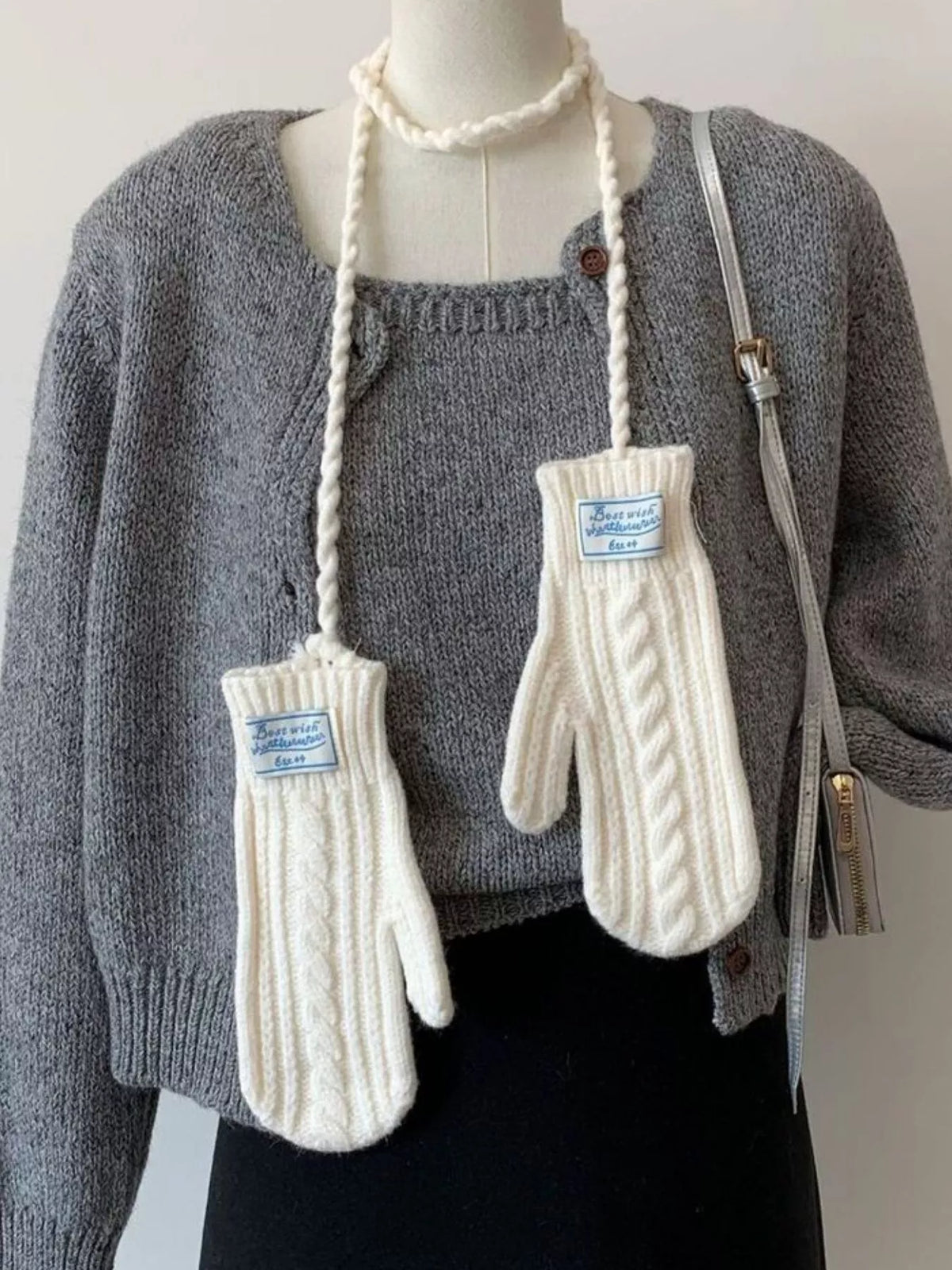 Cable Knitted Mittens with Neck Strap