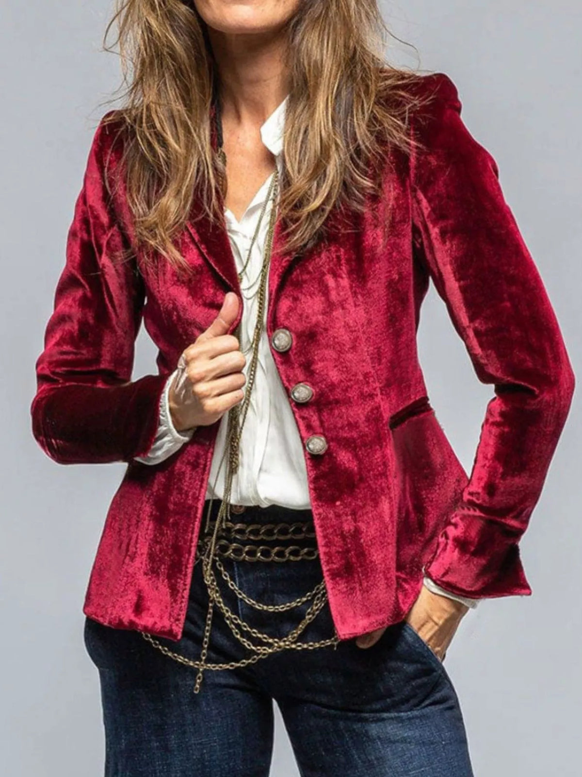 Women's Single Row Buttons Velvet Lapel Collar Button Up Blazer