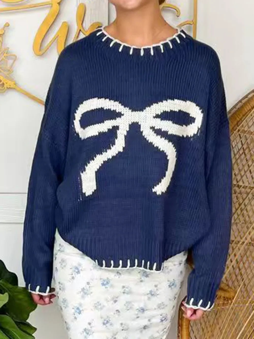 Acrylic Bow Crew Neck Long Sleeve Sweater