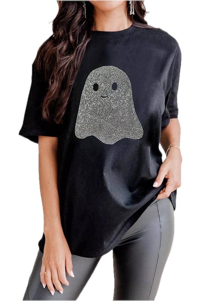 Full Size Rhinestone Ghost Crew Neck T-Shirt for Women Plus Size