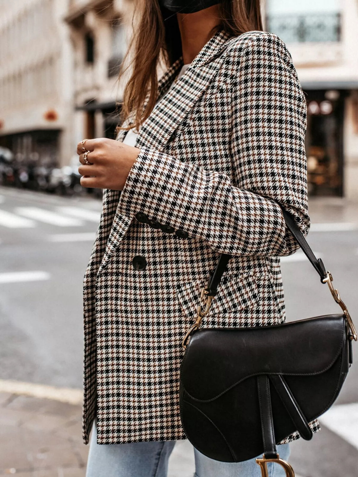 Classic Houndstooth Double Breasted Blazer