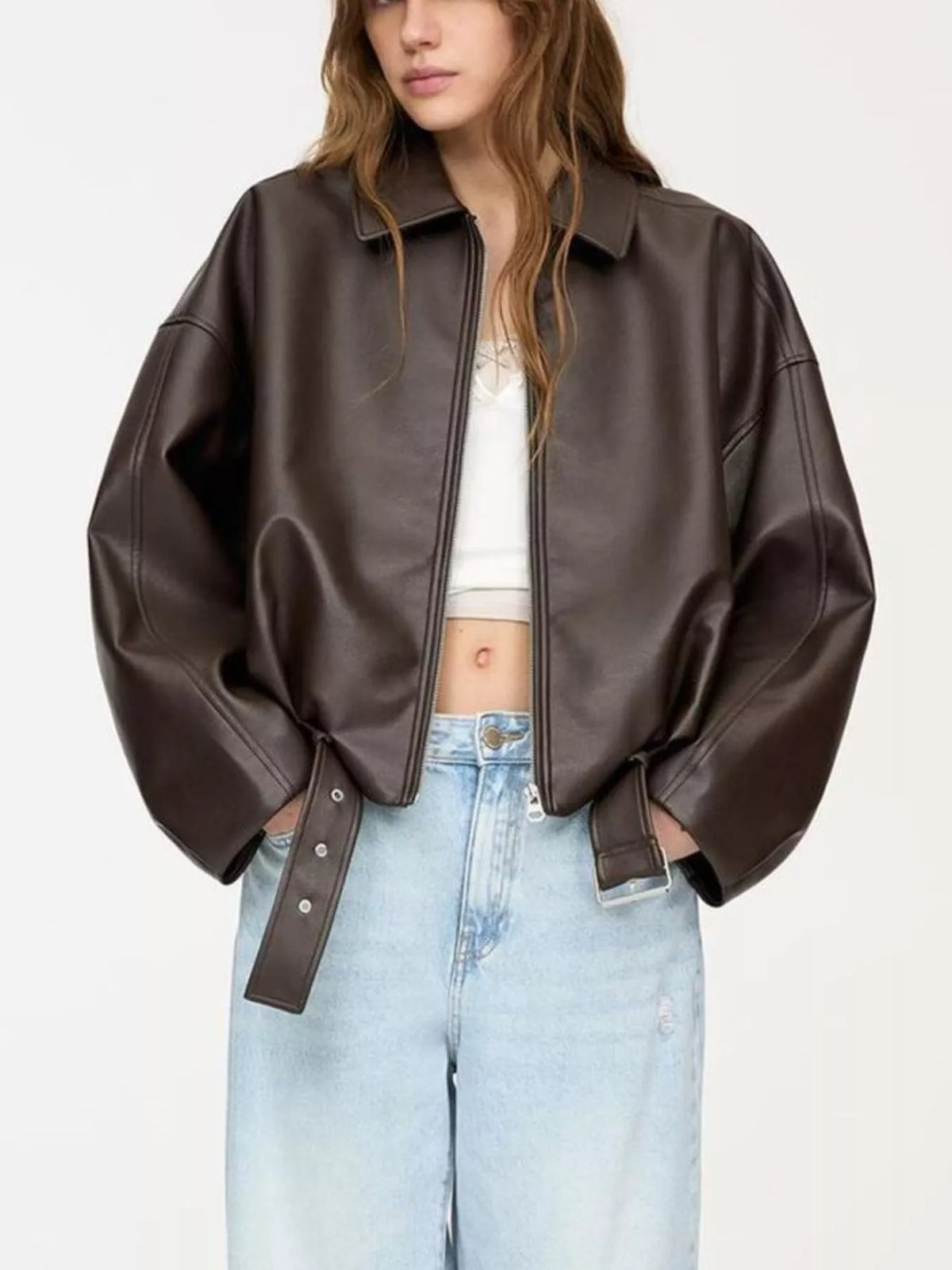 Belted Faux Leather Zip Up Jacket