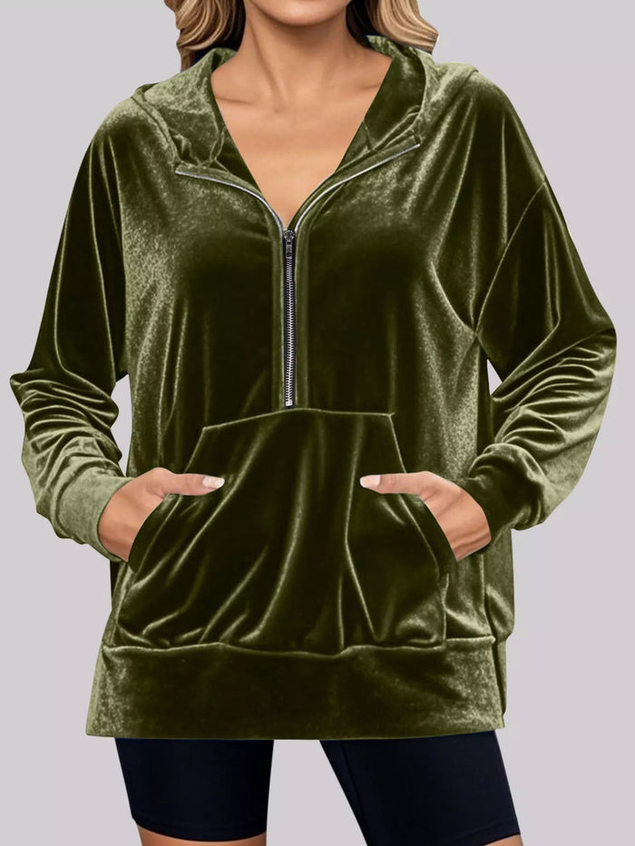 Full Size Velvet Half Zip Hoodie for Women with Kangaroo Pocket Plus Size