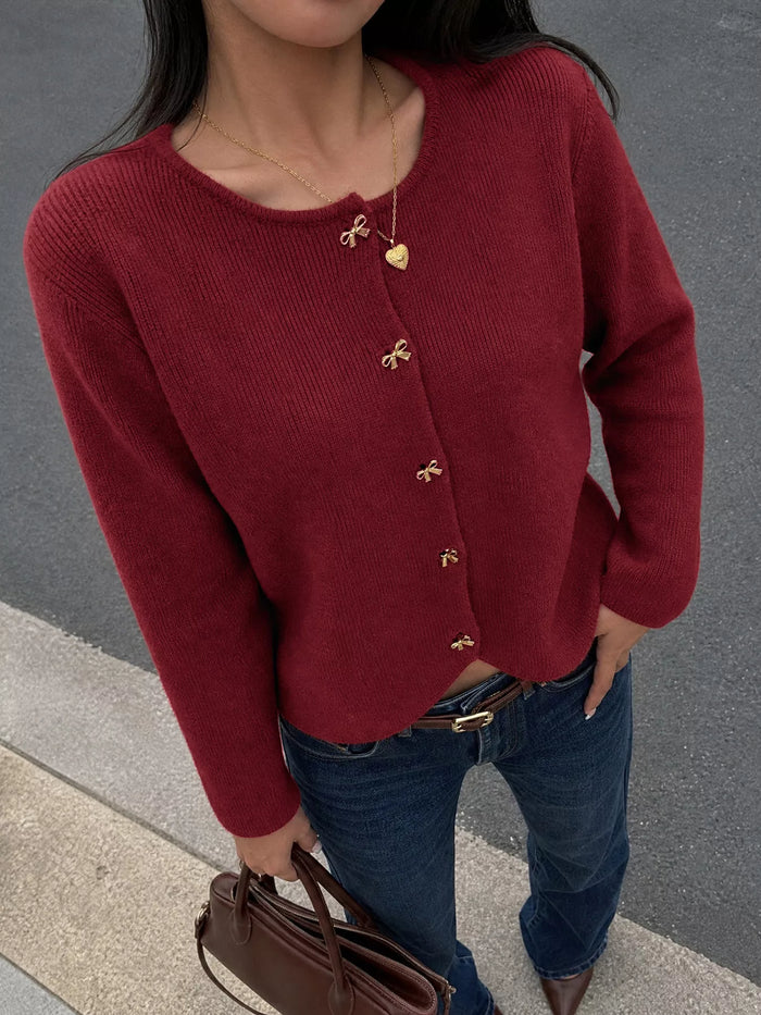 Bow Button Up Knit Cardigan for Women in Burgundy