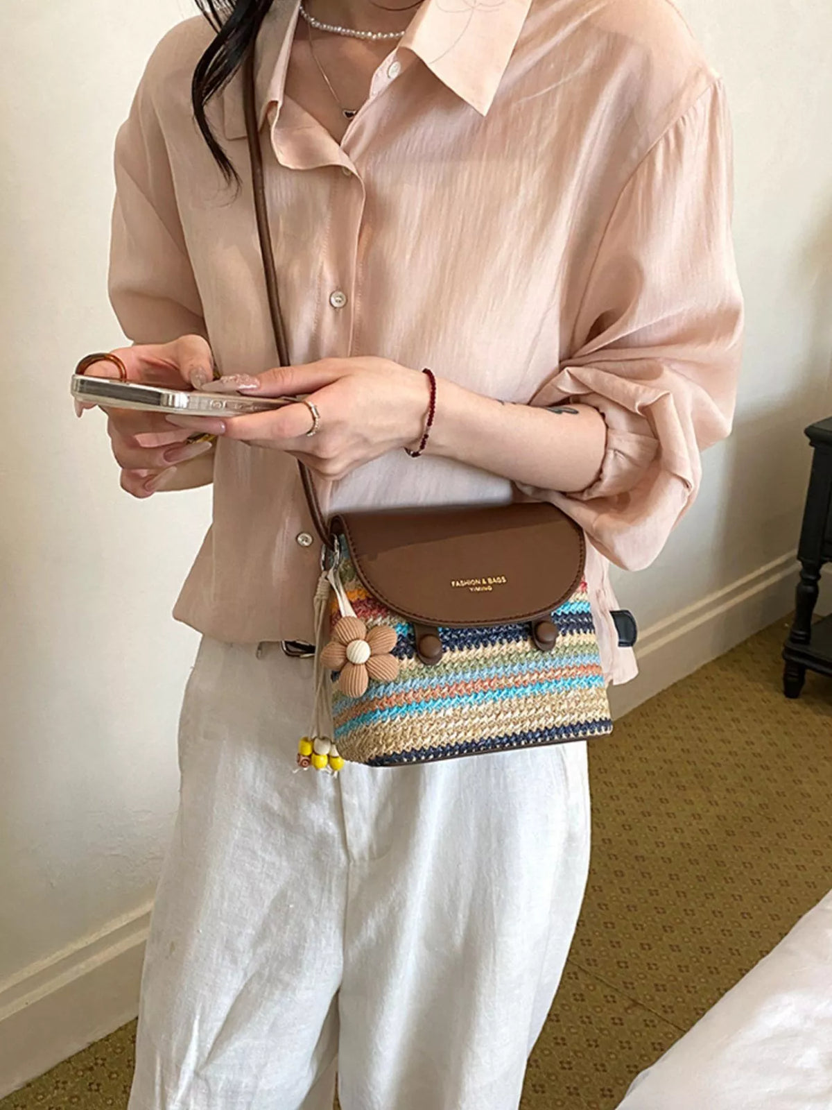 PU Leather Striped Woven Crossbody Bag