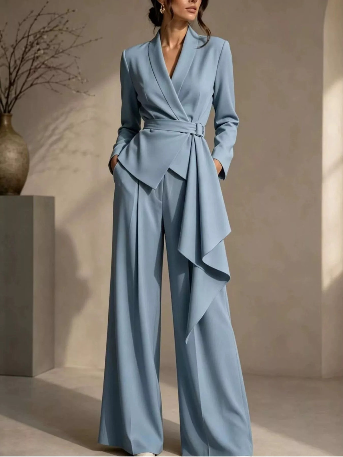 Belted Blazer and Wide Leg Pants Set Plus Size