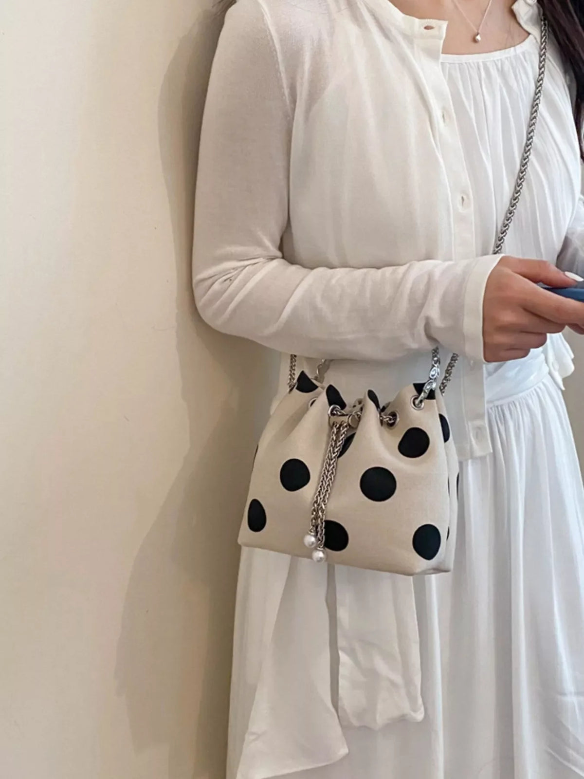 PU Leather Polka Dot Bucket Crossbody Bag