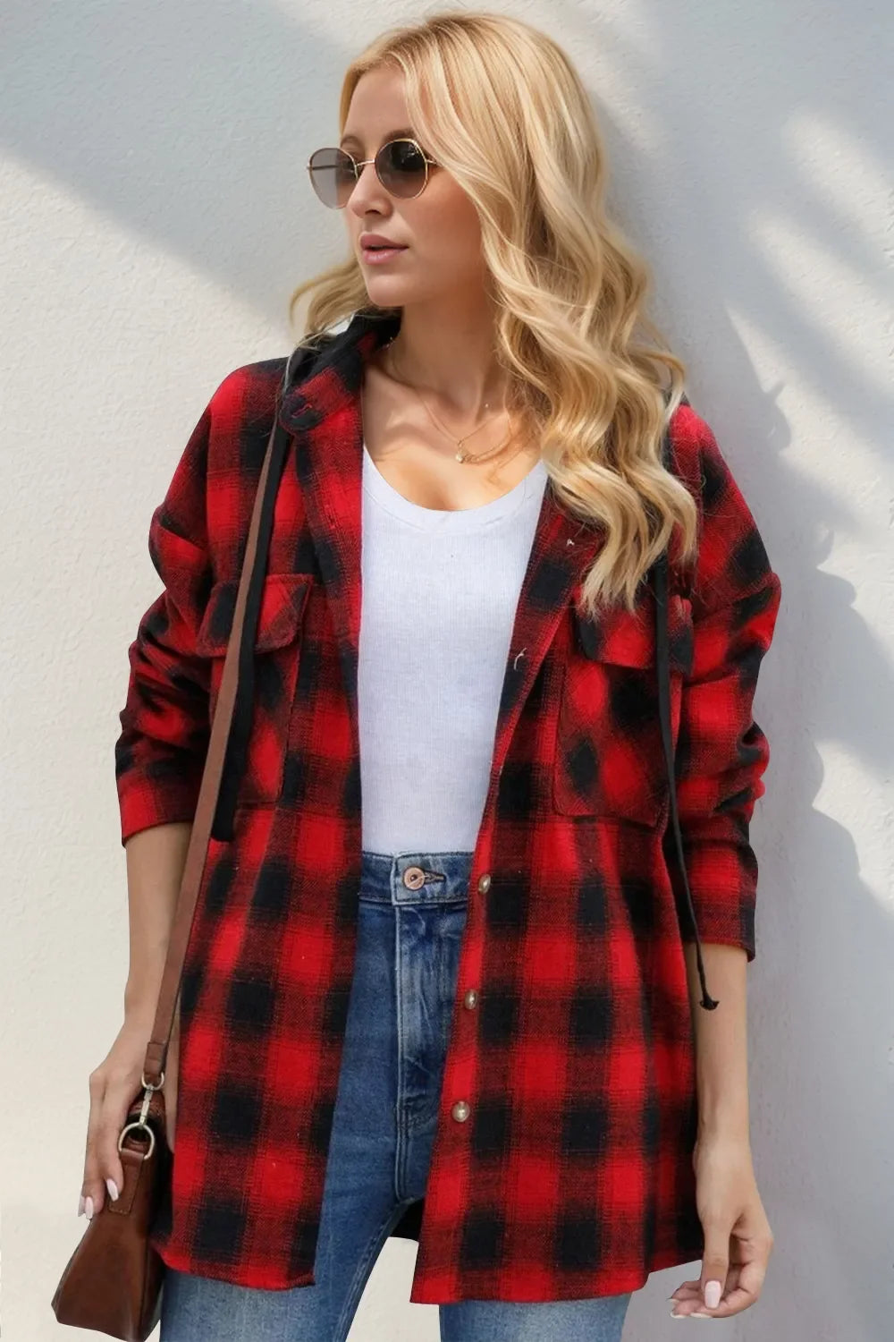 Double Take Plaid Hooded Shacket