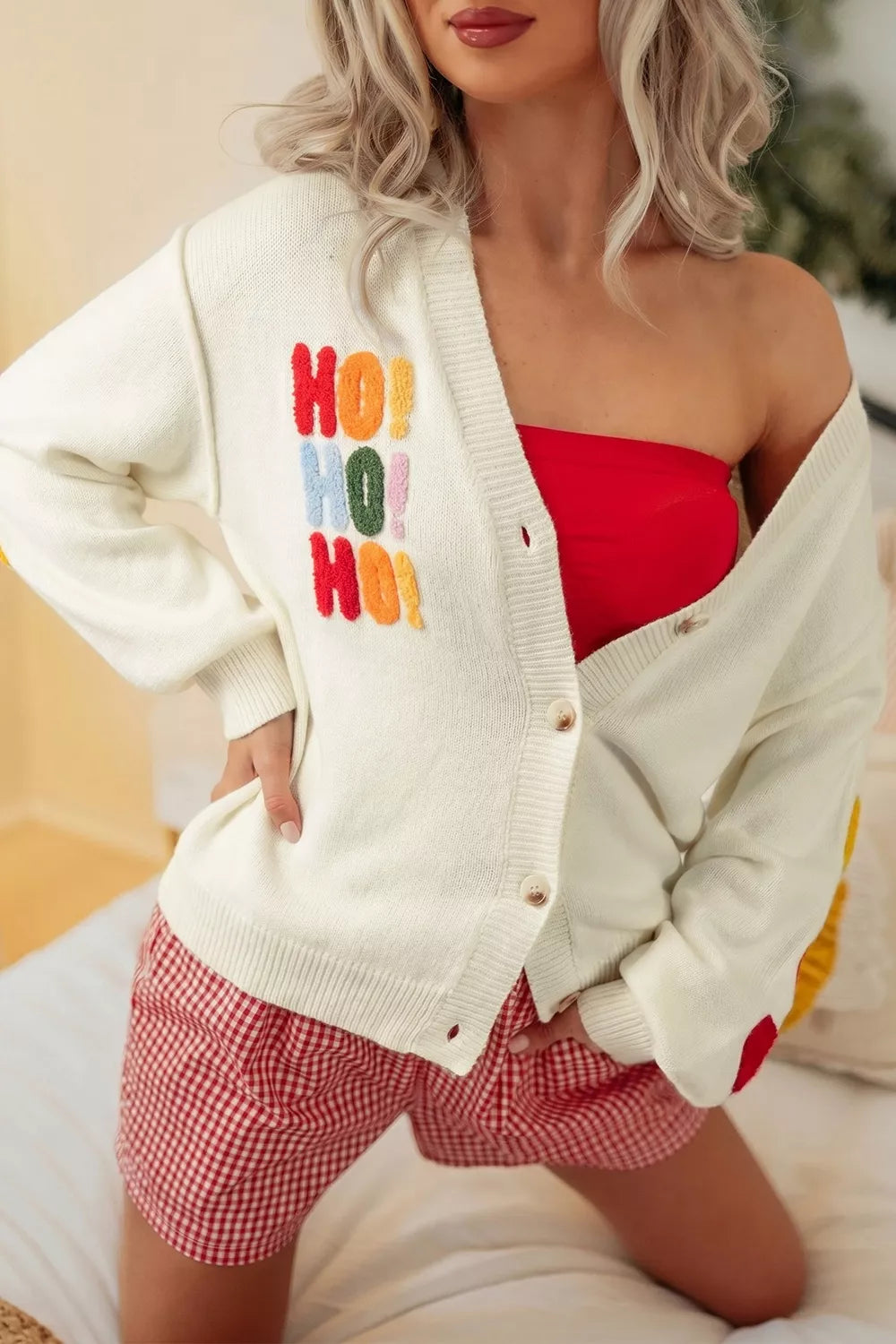 'HO HO HO' Button Up Knit Cardigan for Women