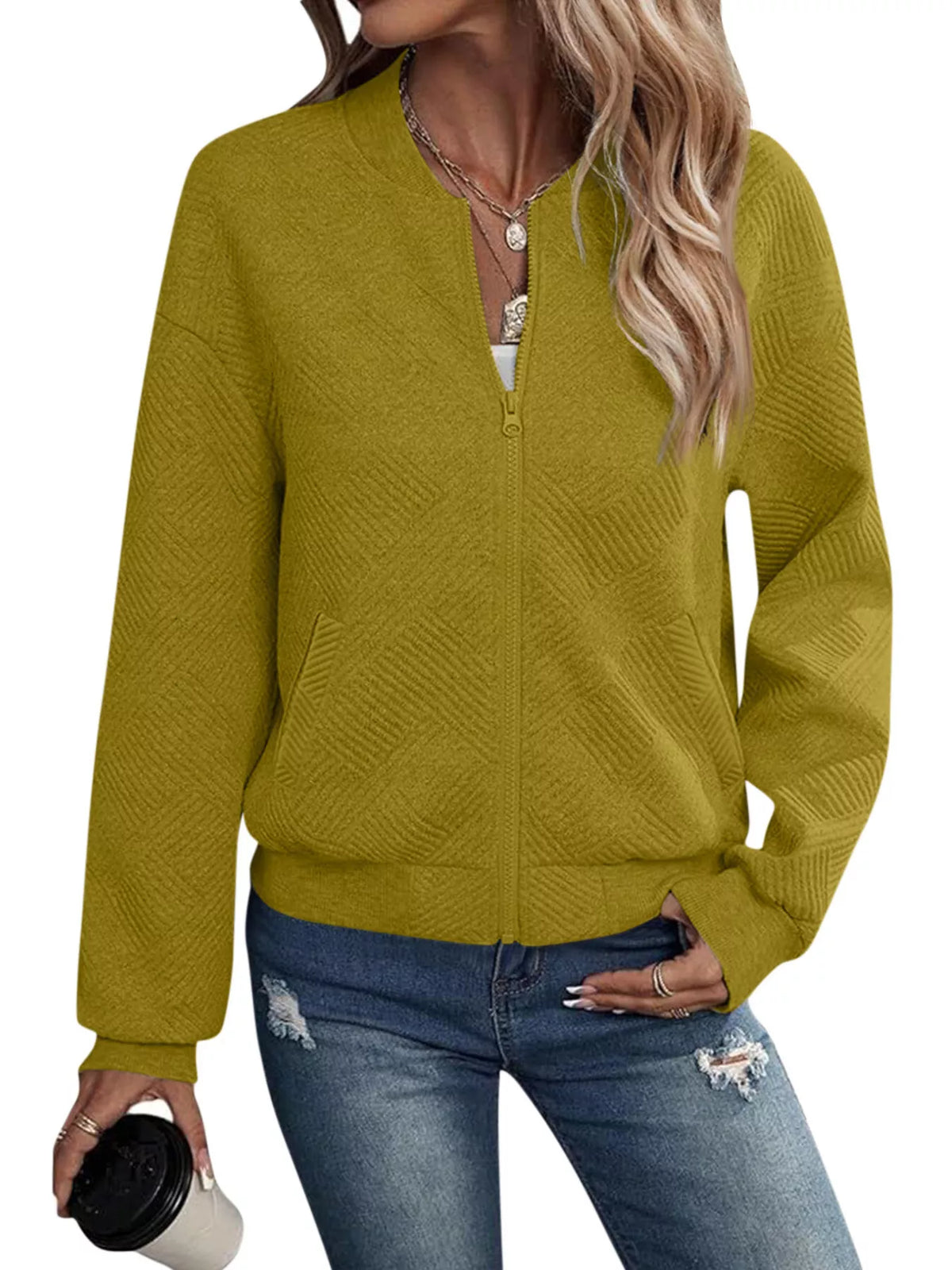 Textured Knit Zip Up Jacket