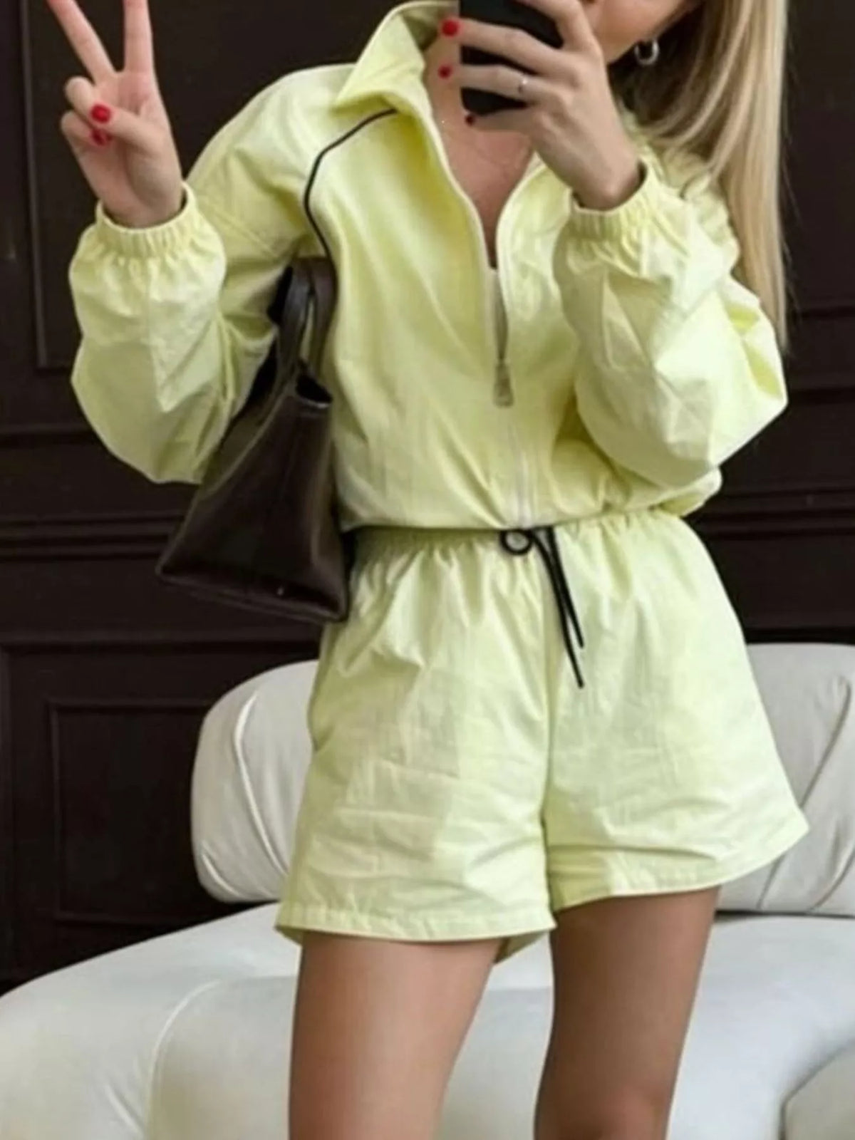 Zip-Up Jacket and Shorts Two-Piece Set for Women