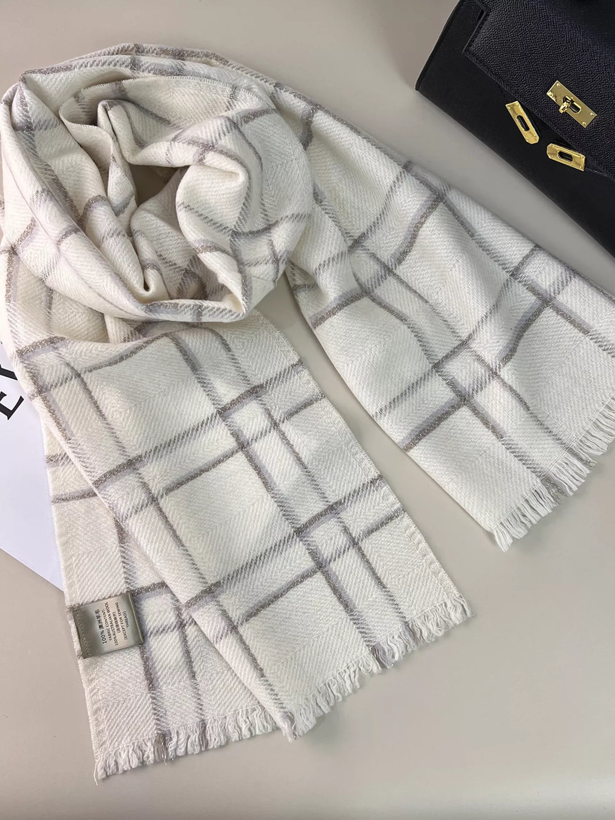 100% Wool Raw Hem Plaid Scarf for Women