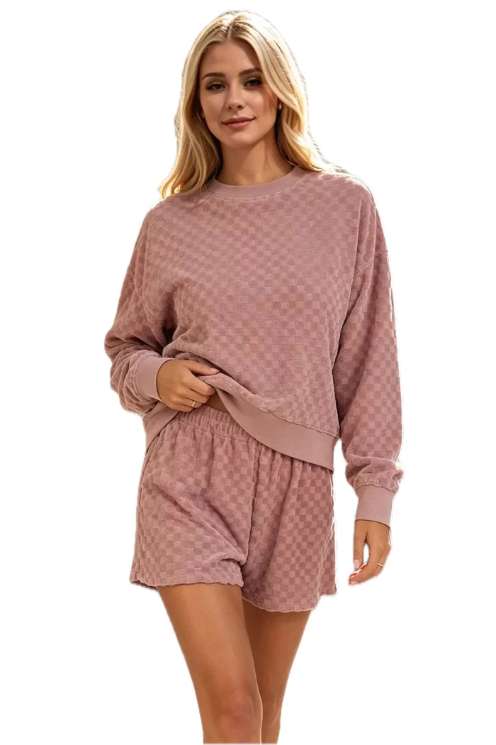 Oh Full Size Checkered Crewneck Cropped Sweatshirt and Elastic Waist Shorts Set for Women Plus Size