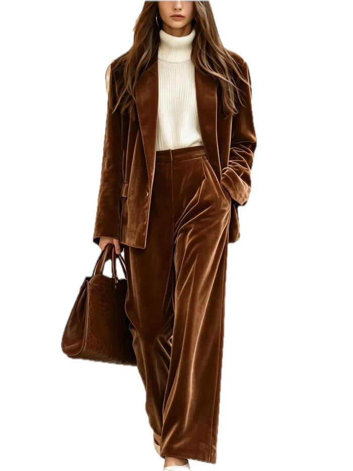 Velvet Blazer and Wide-Leg Pants Two-Piece Set for Women