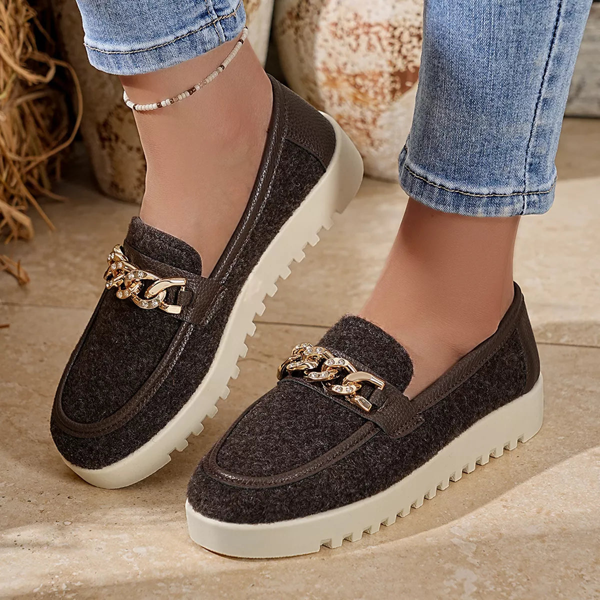 Chain Detail Platform Slip-On Shoes