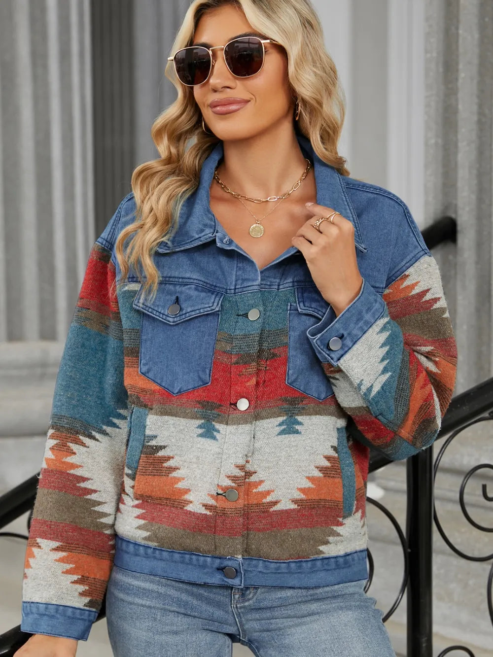 Geometric Long Sleeve Denim Jacket