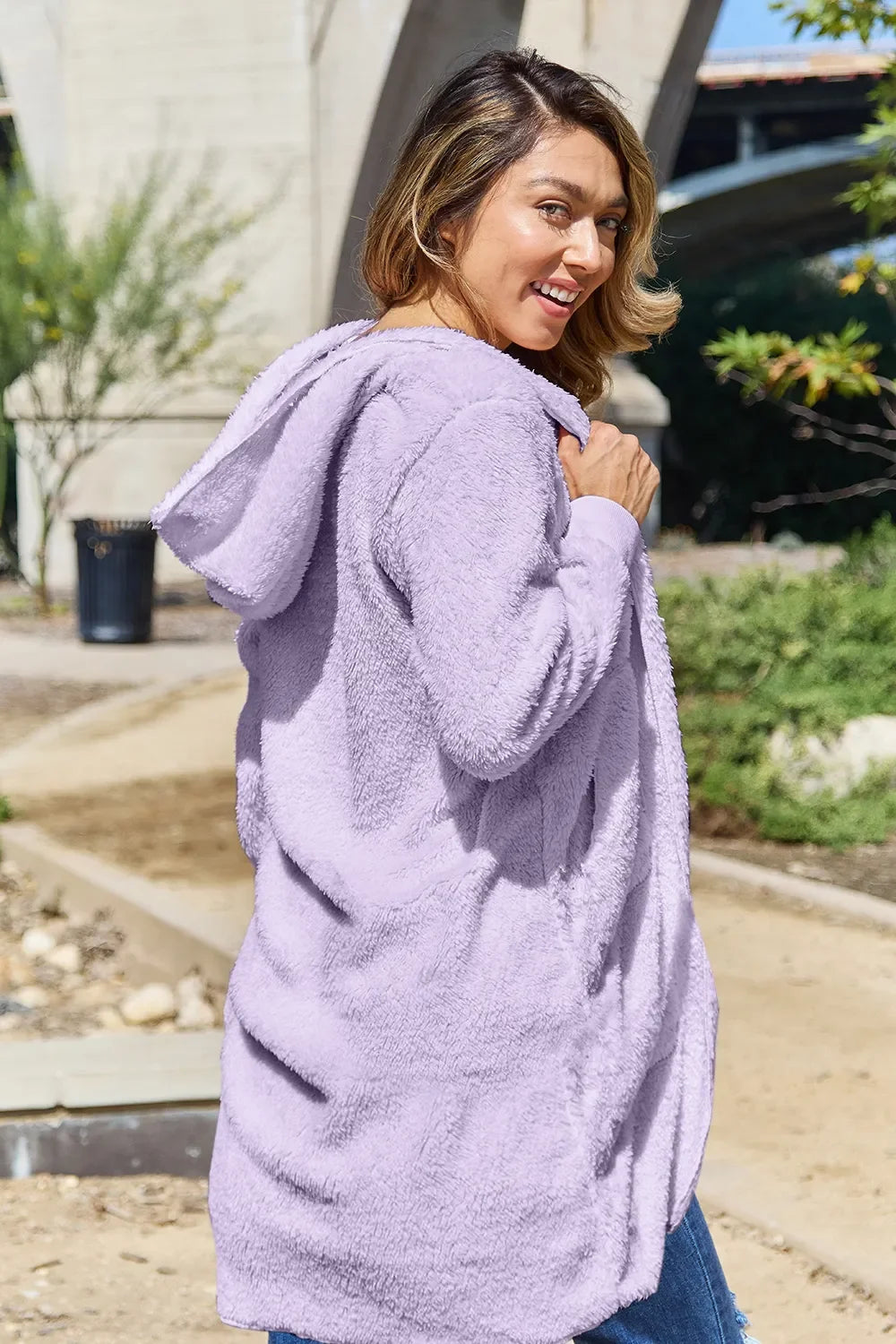 Double Take Women's Full Size Hooded Teddy Bear Jacket with Thumbholes