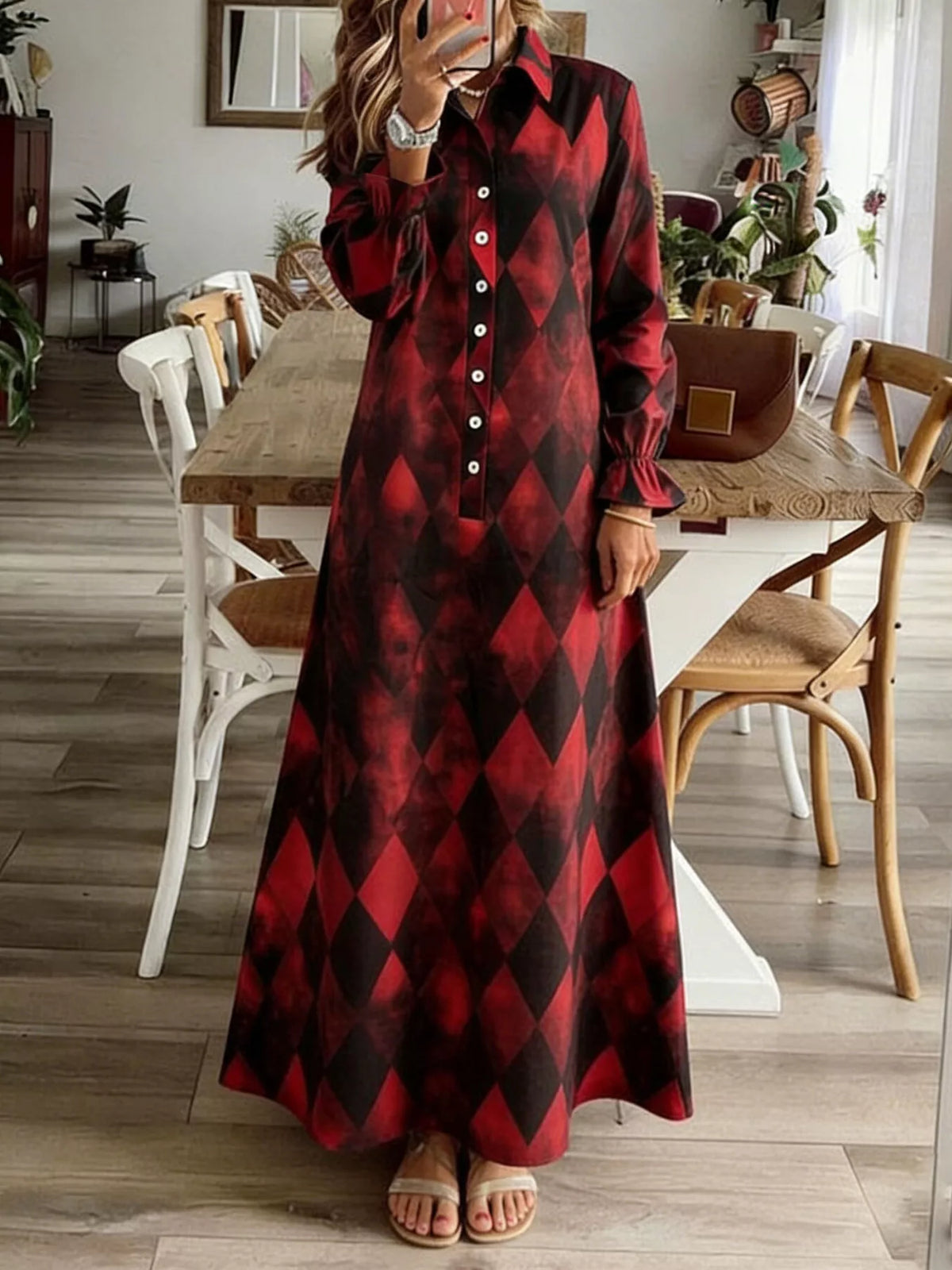 Argyle Print Button-Down Maxi Dress for Women