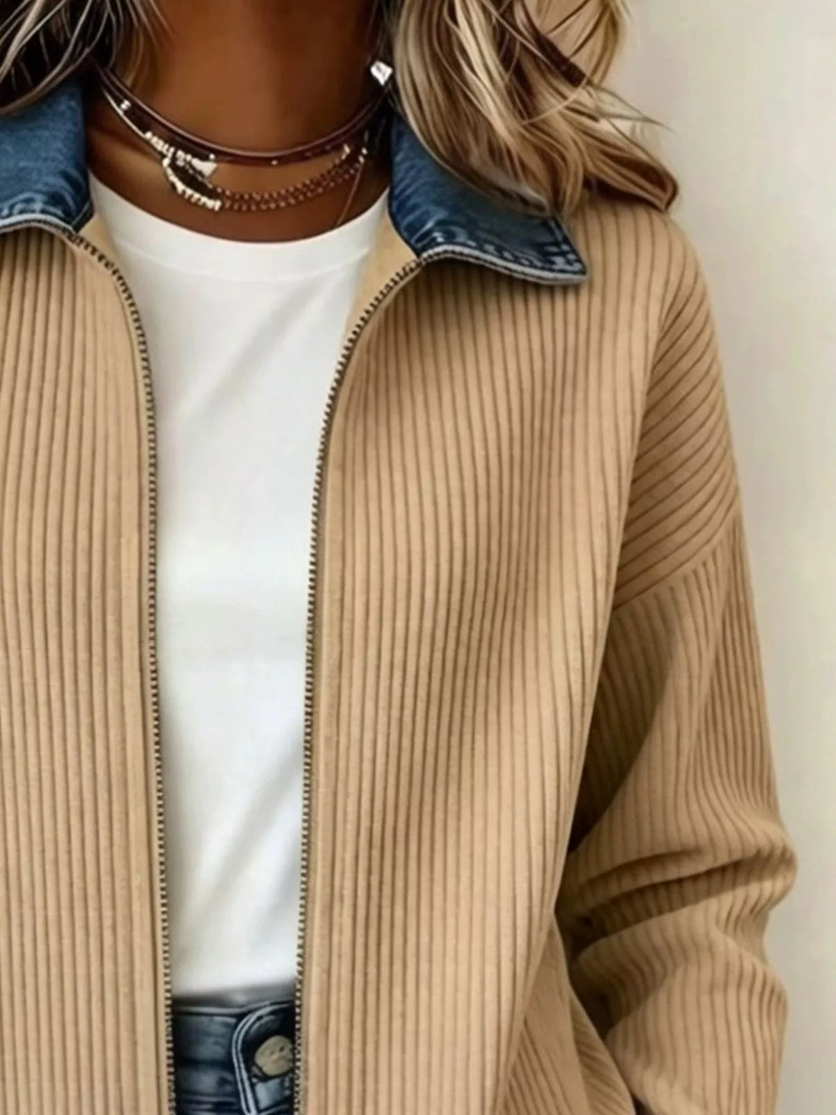Contrast Denim Collar Knit Jacket
