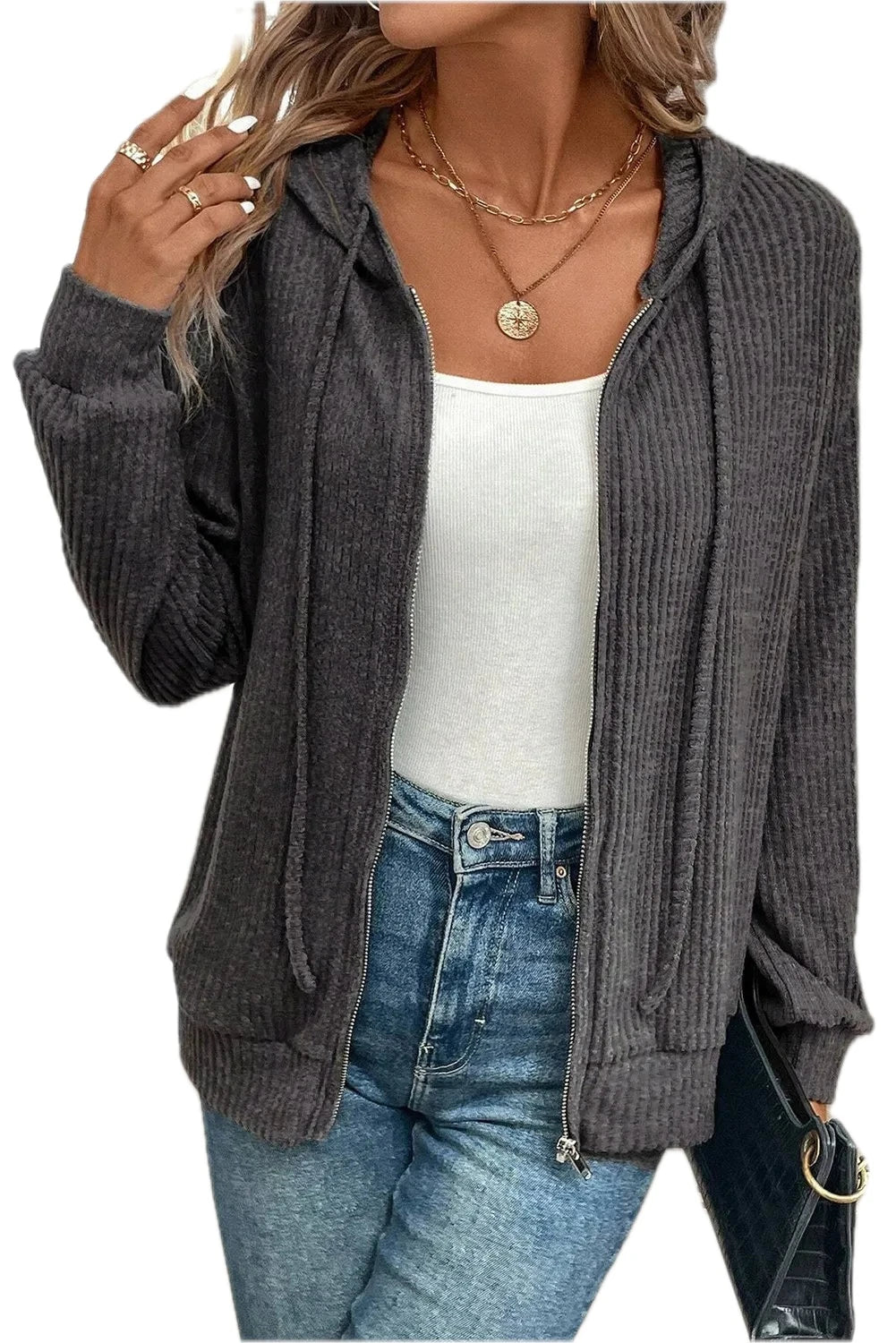 Drawstring Zip Up Long Sleeve Hooded Jacket for Women