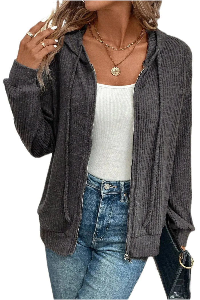 Drawstring Zip Up Long Sleeve Hooded Jacket for Women