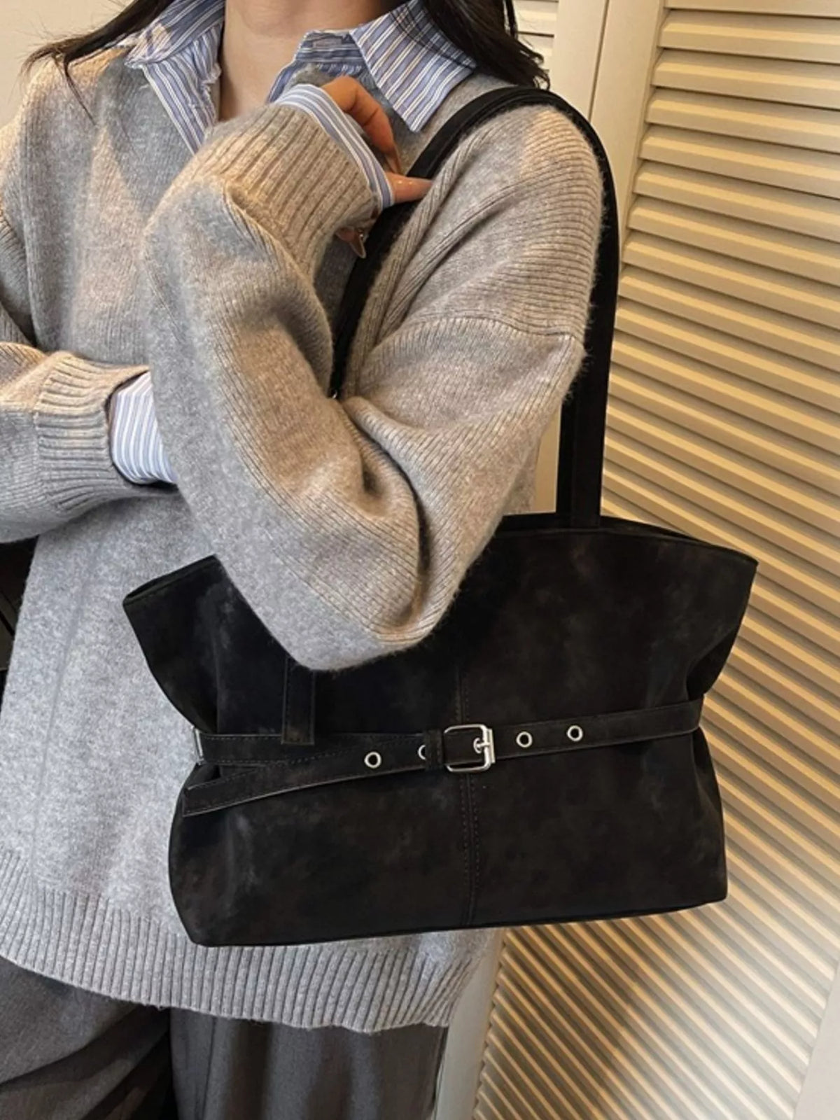 Washed Suede Buckle Tote Bag