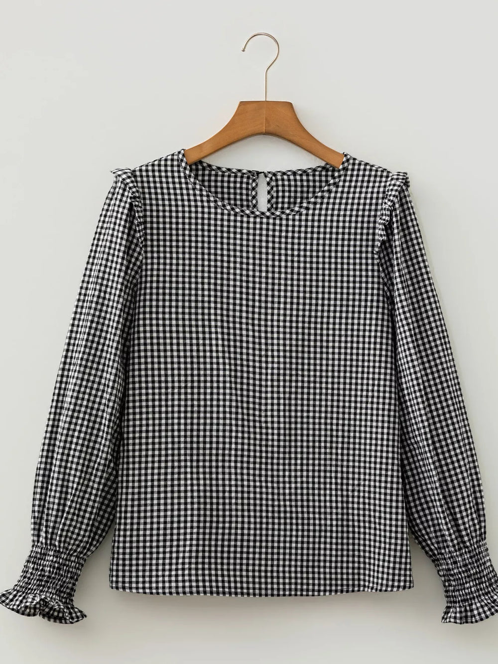 Women's Plaid Shirred Cuff Long Sleeve Blouse