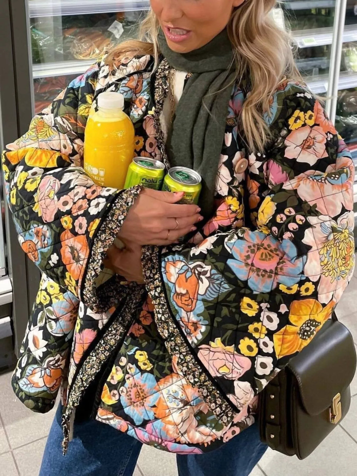Full Size Floral Print Quilted Sherpa-Lined Jacket for Women Plus Size