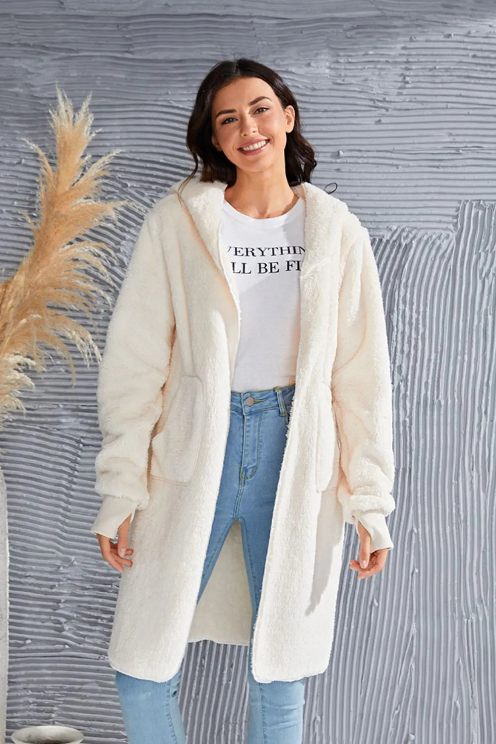 Double Take Women's Full Size Hooded Teddy Bear Jacket with Thumbholes