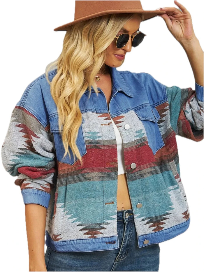 Geometric Dropped Shoulder Denim Jacket