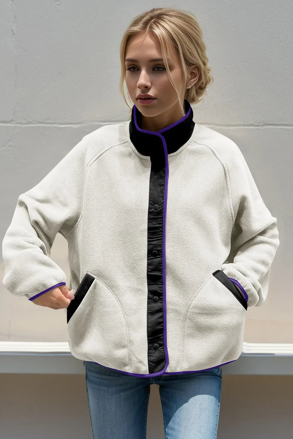 Snap Down Contrast Fleece Jacket for Women with Pockets