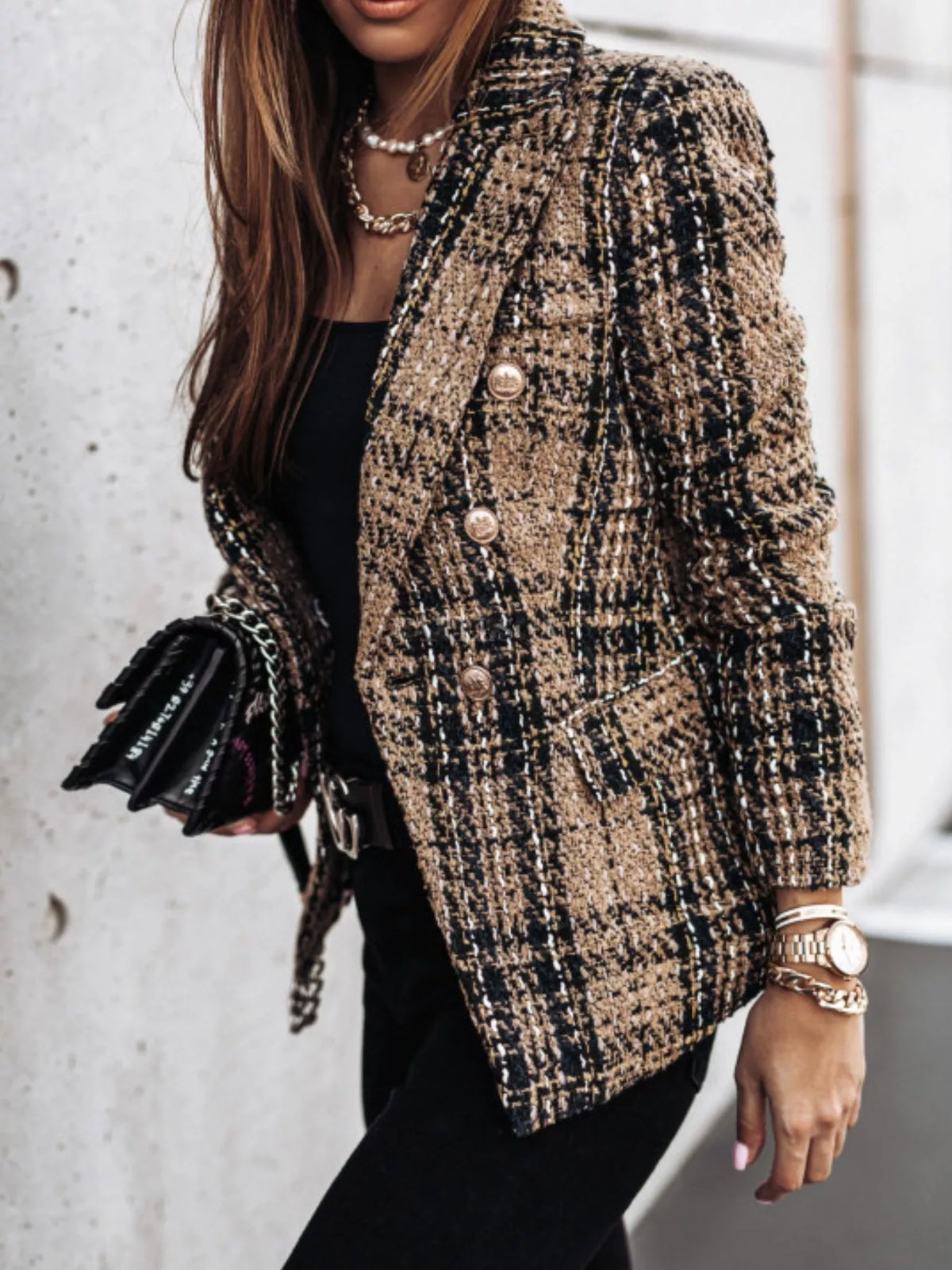 Plaid Tweed Double Breasted Blazer Plus Size