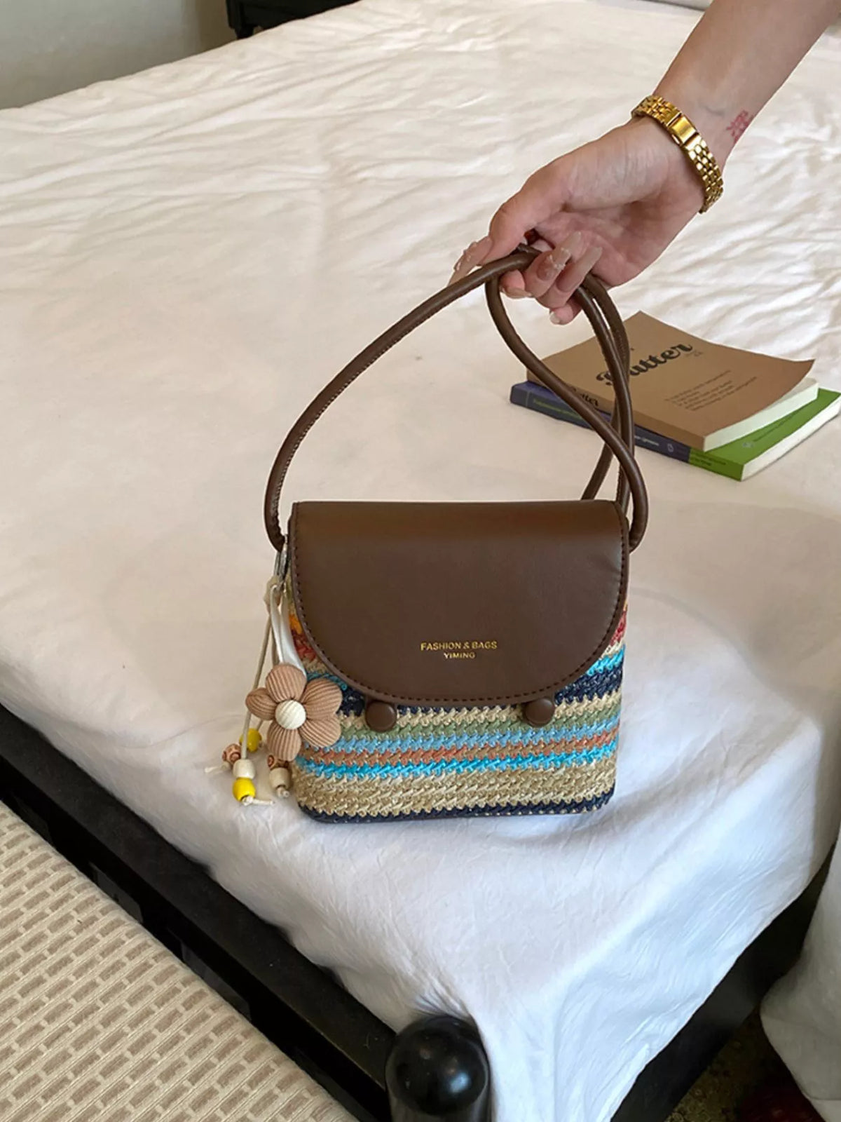 PU Leather Striped Woven Crossbody Bag
