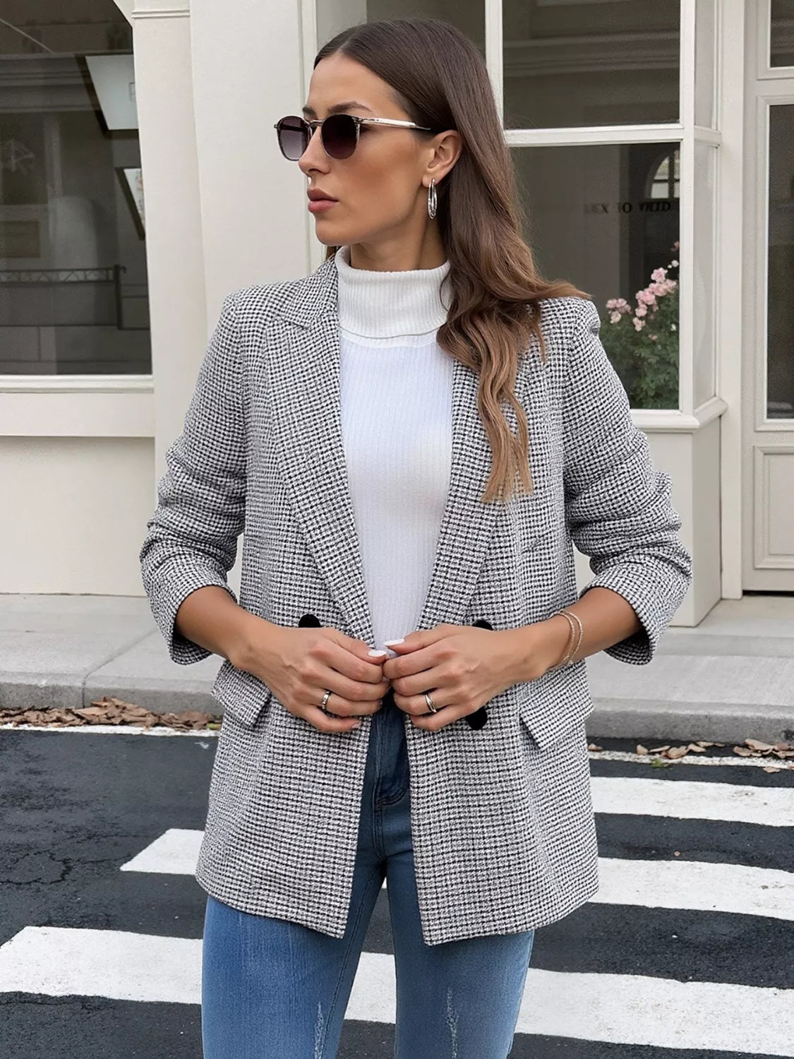 Houndstooth Patterned Double-Breasted Blazer