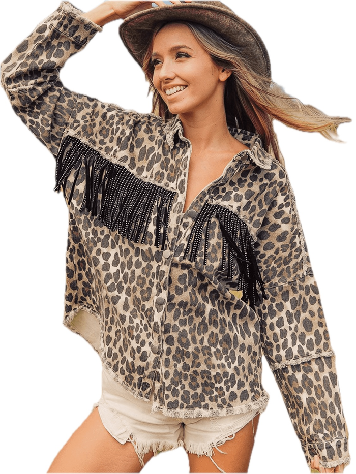 Leopard Fringe Denim Jacket