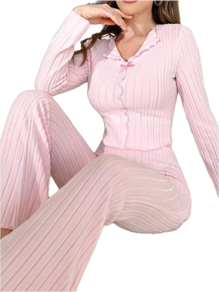 Bow Detail Ribbed Knit Top and Pants Lounge Set for Women