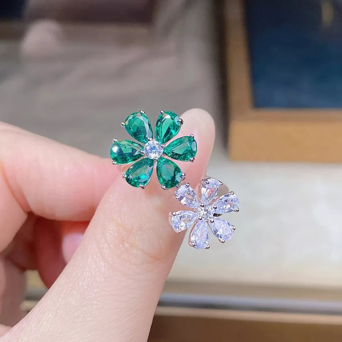925 Sterling Silver Zircon Flower Ring for Women