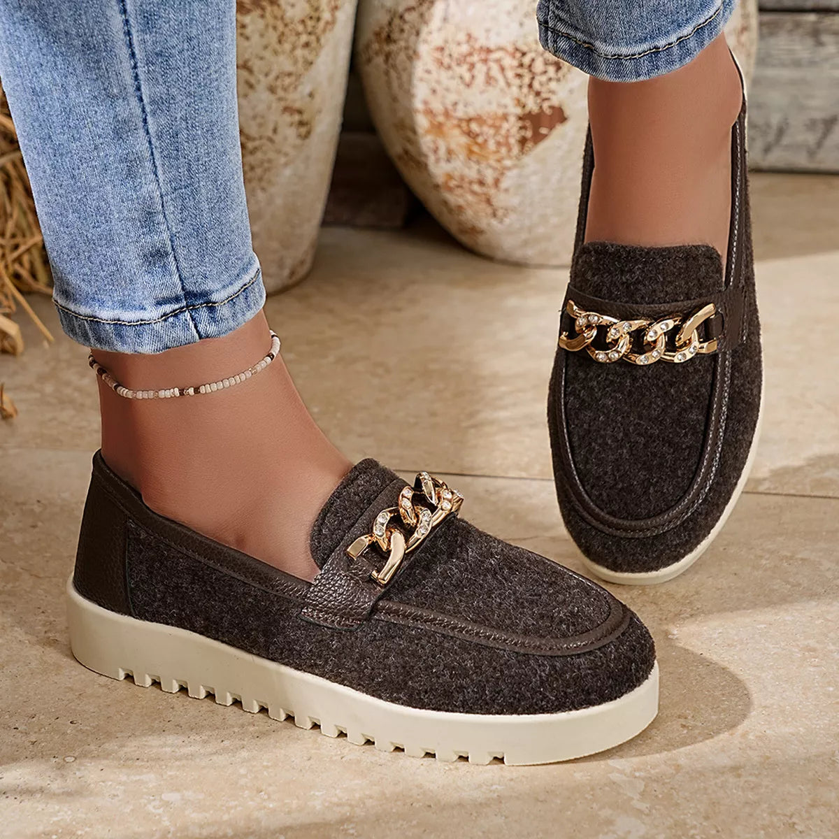Chain Detail Platform Slip-On Shoes