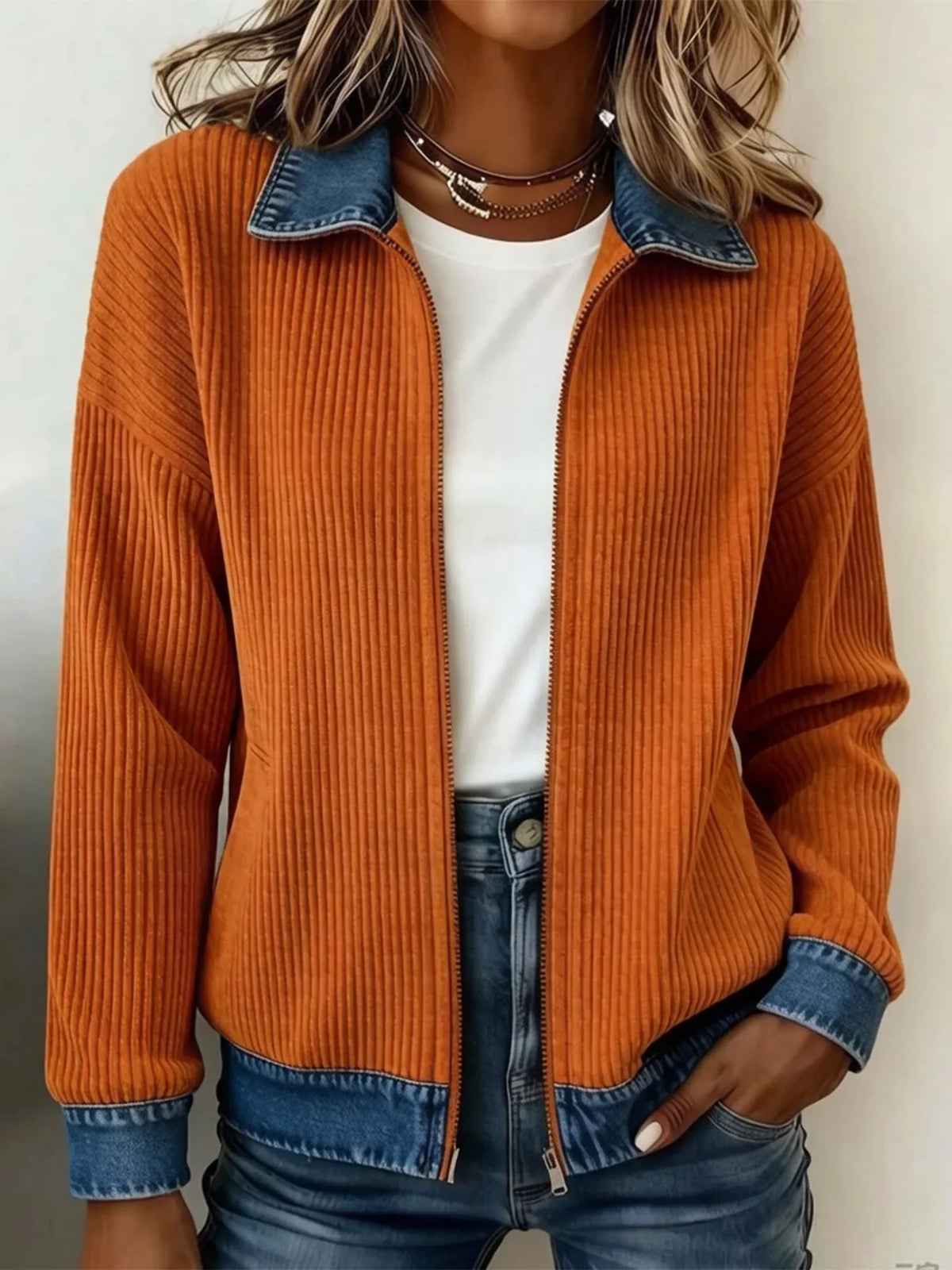 Contrast Denim Collar Knit Jacket